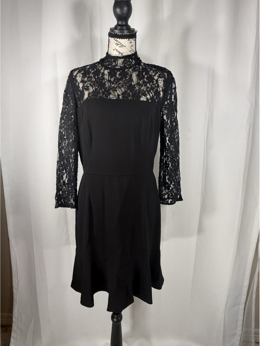 DKNY Womens Size 8 Black Lace Mock Neck Flounce Hem Dress LBD Cocktail Holiday
